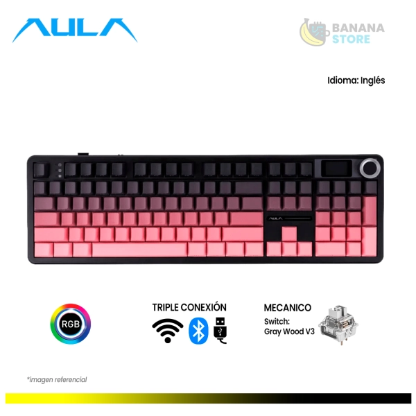 TECLADO MECANICO AULA F108 PRO INALAMBRICO TRIMODO INGLES GRADIENT PINK - GRAY WOOD SWITCH V3