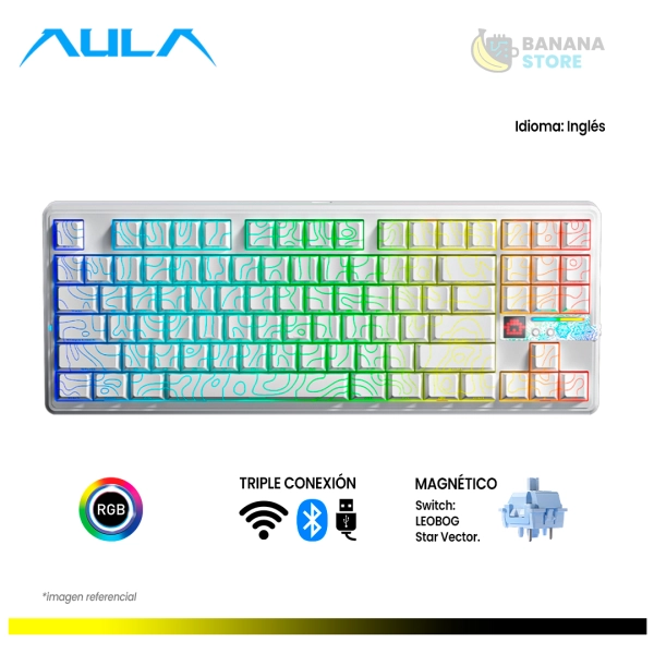 TECLADO MECANICO AULA F87 PRO V2 INALAMBRICO TRIMODO INGLES WHITE CONTOUR - STAR VECTOR SWITCH