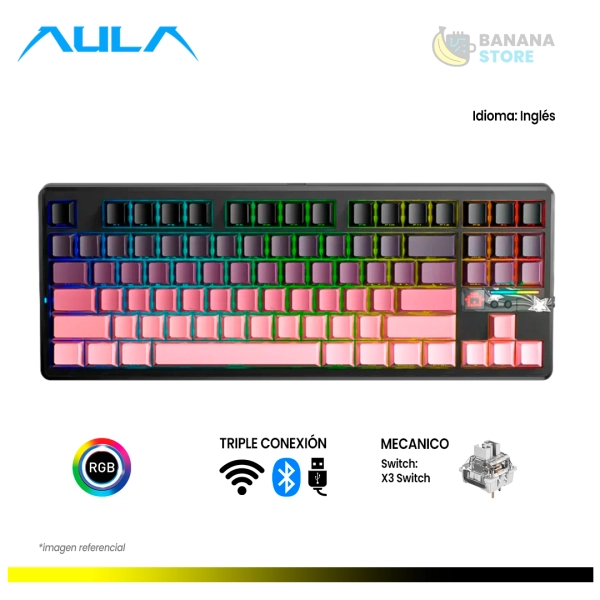 TECLADO MECANICO AULA F87 PRO V2 INALAMBRICO TRIMODO INGLES GRADIENT BLACK/PINK - X3 SWITCH