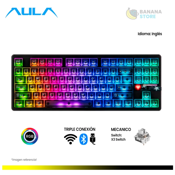 TECLADO MECANICO AULA F87 PRO V2 INALAMBRICO TRIMODO INGLES BLACK FROSTED TRANSPARENT - X3 SWITCH