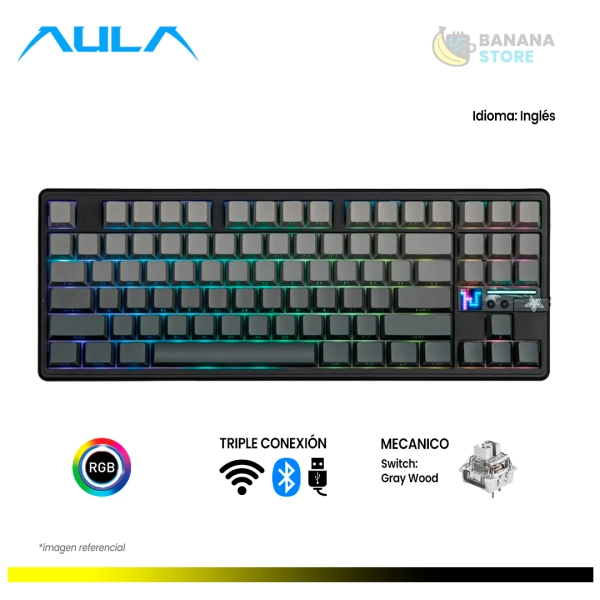 TECLADO MECANICO AULA F87 PRO V2 INALAMBRICO TRIMODO INGLES BLACK DEGRADED - GRAY WOOD SWITCH