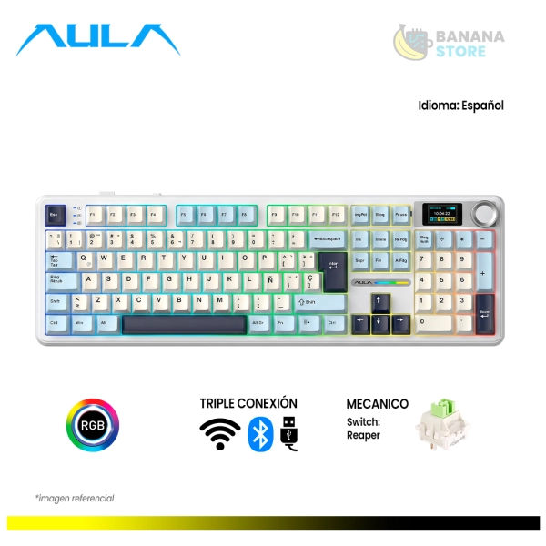 TECLADO MECANICO AULA F108 PRO INALAMBRICO TRIMODO ESPAÑOL BLUE/WHITE/DARK PURPLE - REAPER SWITCH