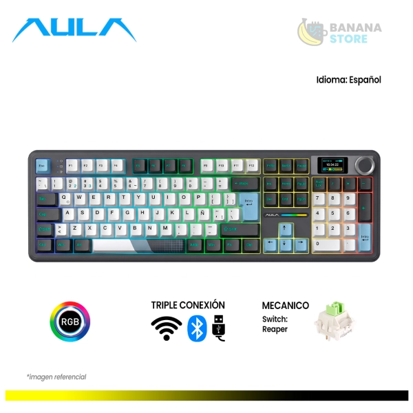 TECLADO MECANICO AULA F108 PRO INALAMBRICO TRIMODO ESPAÑOL BLACK/WHITE/BLUE - REAPER SWITCH