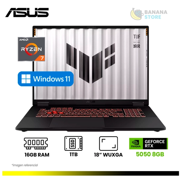 LAPTOP ASUS TUF GAMING A18 FA808UH-RS74 AMD RYZEN 7 260 16GB,1TB SSD, 18” (1920X1200) 144HZ WIN11 NVIDIA GEFORCE RTX 5050 8GB