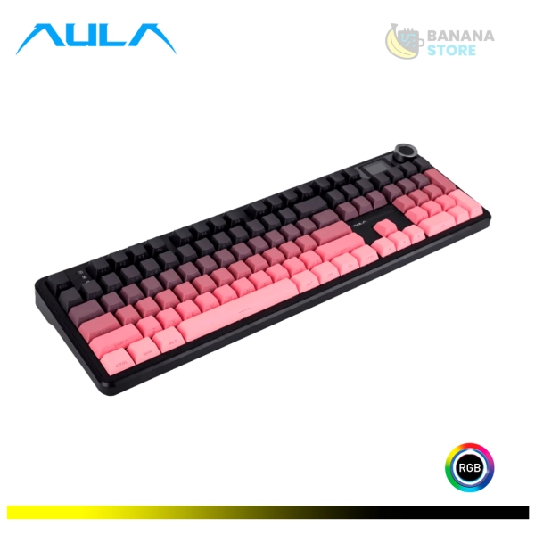 TECLADO MECANICO AULA F108 PRO INALAMBRICO TRIMODO INGLES GRADIENT PINK - GRAY WOOD SWITCH V3