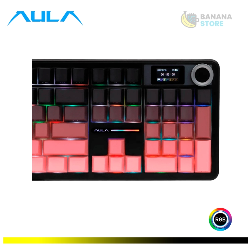 TECLADO MECANICO AULA F108 PRO INALAMBRICO TRIMODO INGLES GRADIENT PINK - GRAY WOOD SWITCH V3